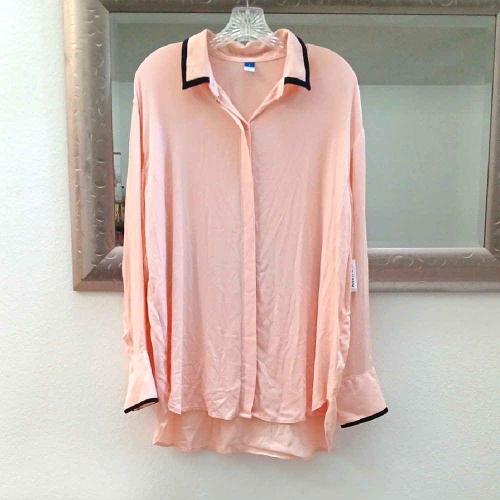Peach Button-Up Blouse with Black Trim